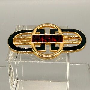 Gold and Black Brooch with Red Accent Glass Stones Art Deco Style